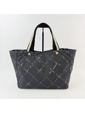 Chanel Vintage Travel Line Plaid CC Logo Tote Bag Nylon Black Seal